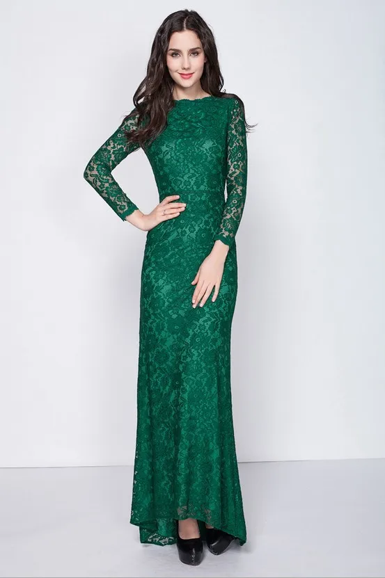 Женское длинное вечернее платье зеленое кружевное с круглым вырезом TK567 2019 |
