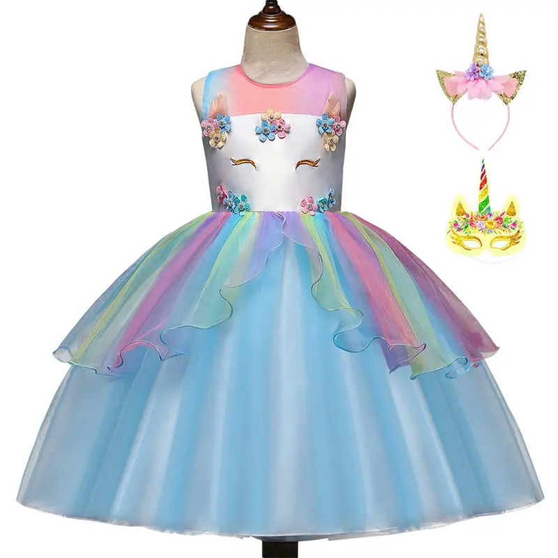 Blue Dress 3pc Костюм единорога для маленькой девочки кружевное платье-пачка Маскировка малыш Лук выпускного вечера вечерние невесты платье ребенок церемонии Косплэй Радуга - Цвет: Blue Dress 3pc
