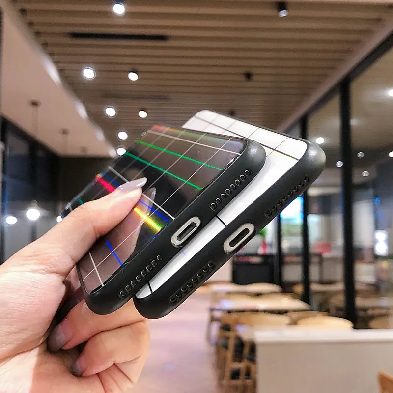 Глянцевый IMD закаленное стекло чехол для iPhone 6 S 7 8 Plus пара геометрическая решетка
