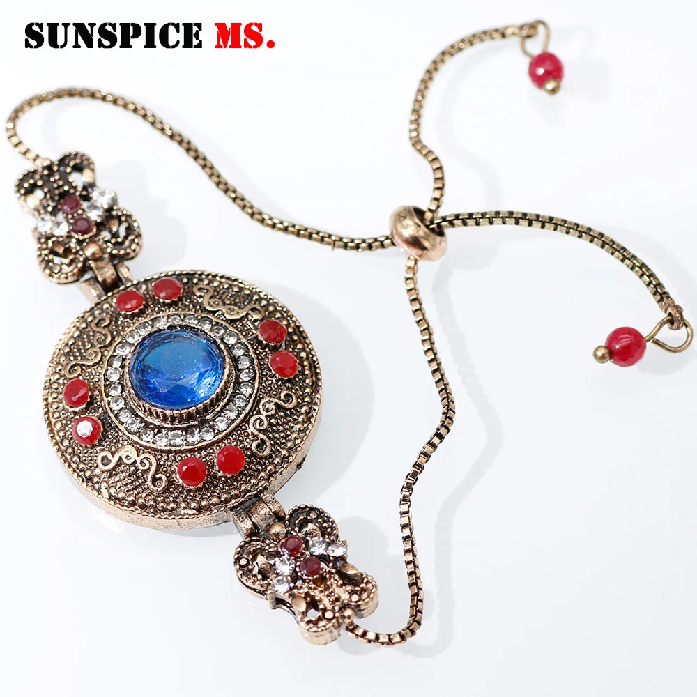 ll0003bluered SUNSPICE MS Дубай этнический скользящий браслет для женщин Турецкая Свадебная цепочка на запястье Античный Золотой Цвет бусины в стиле бохо ювелирные изделия - Окраска металла: ll0003bluered