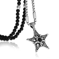 star wiccan witch magical power pentacle pentagram stainless steel pendant necklace with black natural stone chain 26