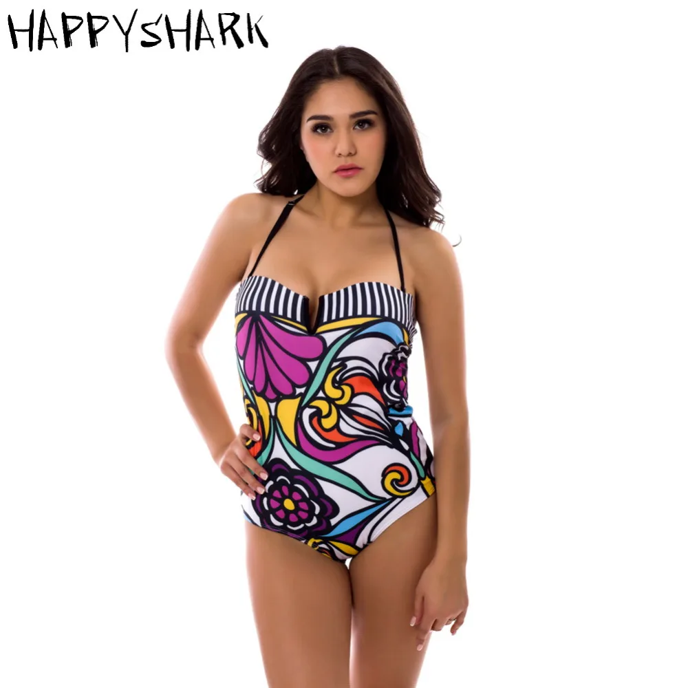 HAPPYSHARK Винтажный женский купальник, цветной цветочный принт, Цельный купальник, сексуальный Полосатый Мягкий купальный костюм с пуш-ап