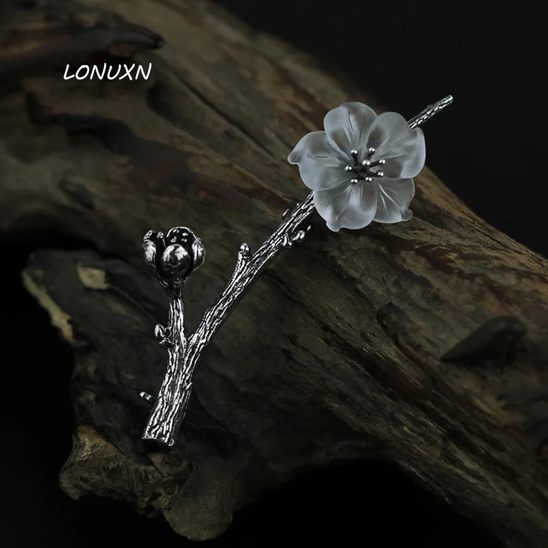

High quality female jewelry Original Lolita artificial crystal carving art flowers beautiful 925 sterling silver brooch pins