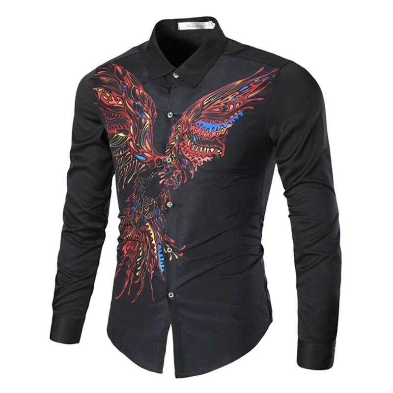 Мужская приталенная рубашка с длинным рукавом принтом орла|slim fit|printed men shirtfashion man