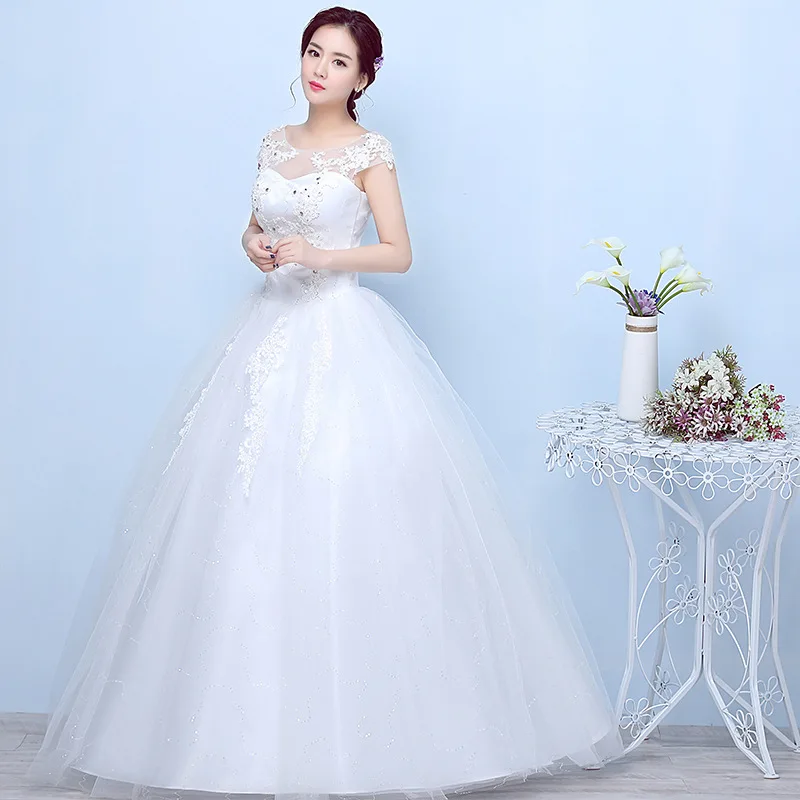 

Bridal Dresses 2019 Wedding Gown Ball Gown Simple Illusion Floral Lace Lace O-Neck Short Sleeve Floor Length White Plus Size