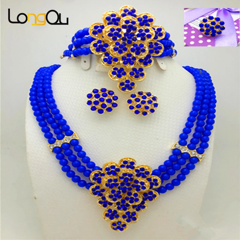 Fashion women Gold-color African Blue Bead Jewelry Set women's wedding jewelry dress bridal accessories earrings necklace ring |