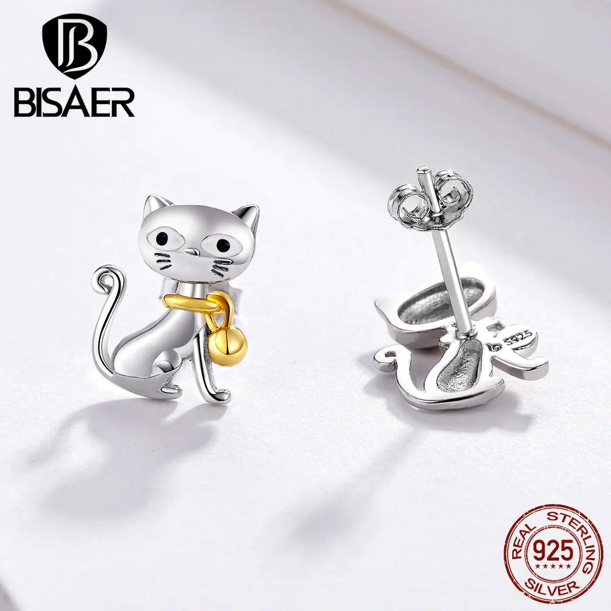 Серьги BISAER Meow, 925 пробы, серебряные серьги с милым котенком, серьги с колокольчиком, кошачьим Мяу, ювелирные изделия, аксессуары для животных, подарки GAE112