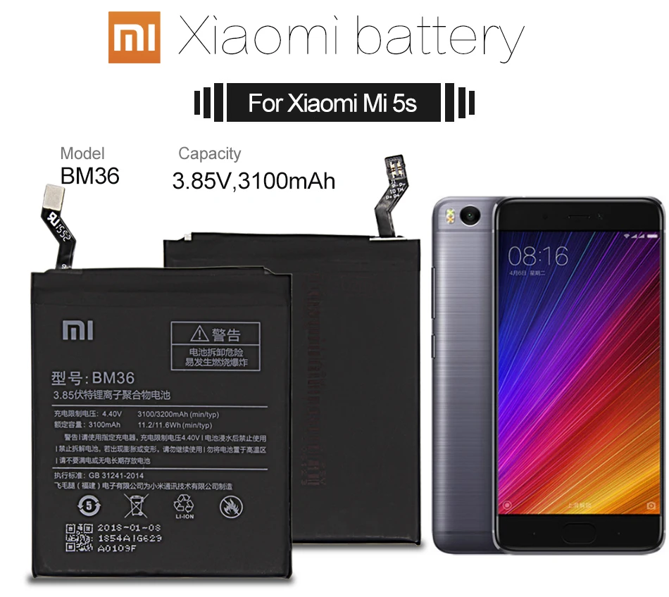 Xiao mi сменный аккумулятор BM36 для Xiaomi mi 5S батареи мобильного телефона 3,85 V 3100mAh аккумуляторные батареи