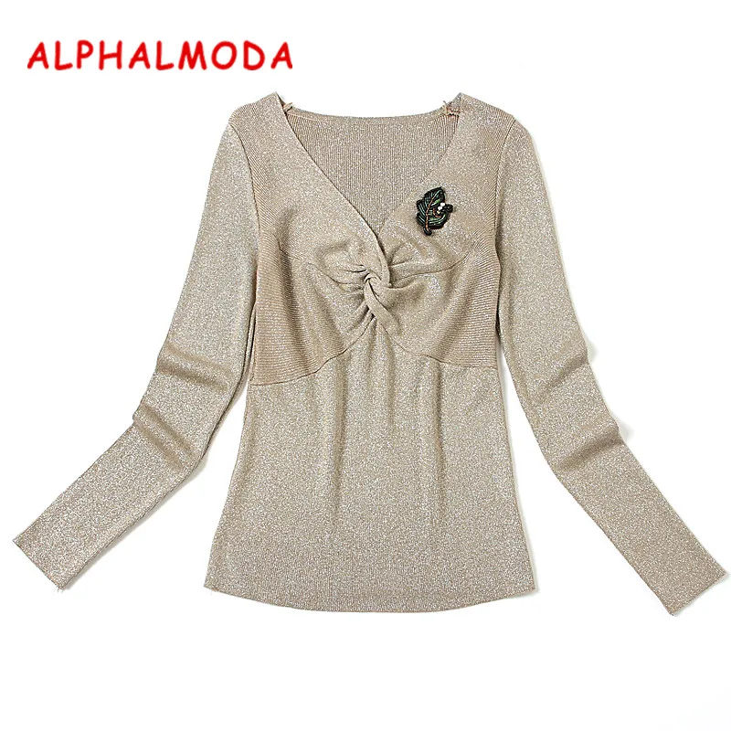 Женский вязаный джемпер ALPHALMODA со сверкающими кристаллами с V-образным вырезом на