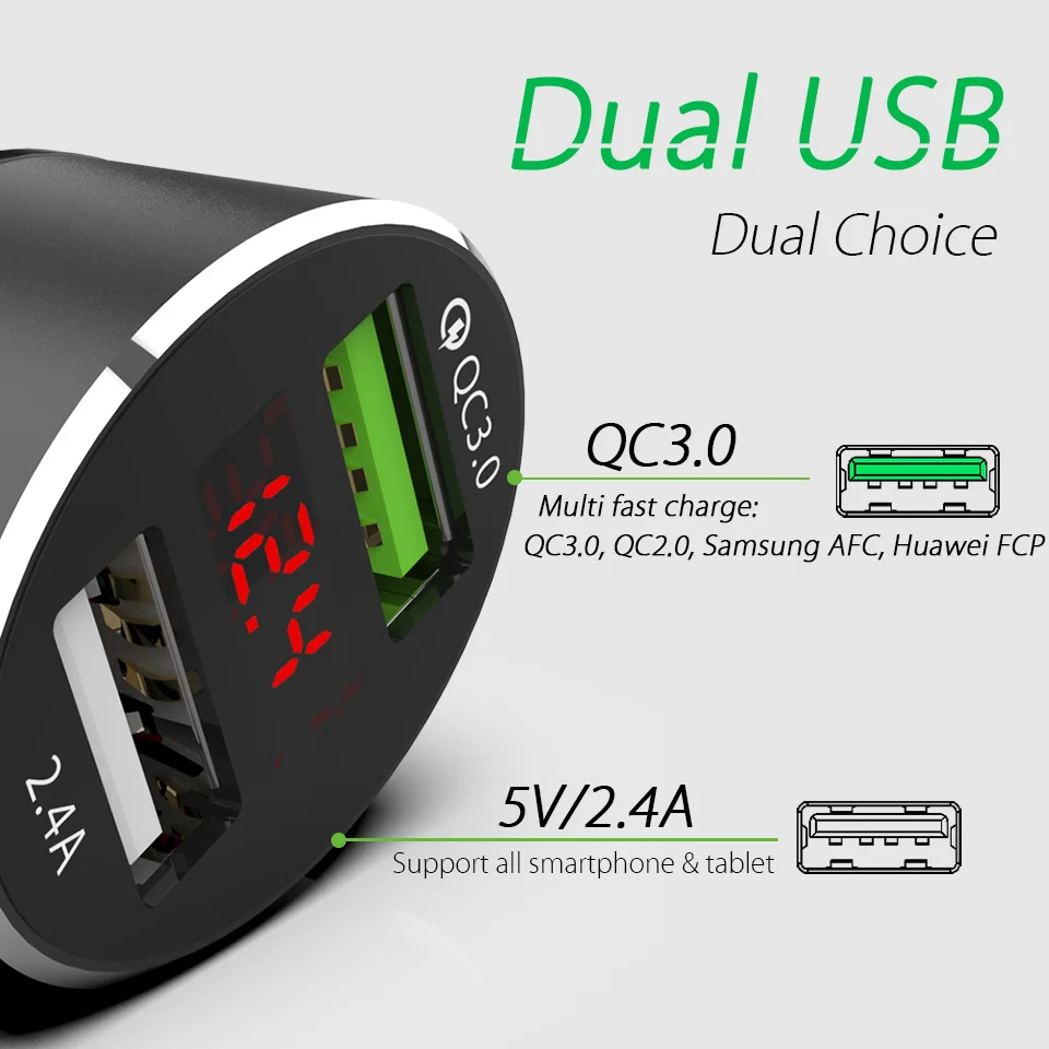 Светодиодный дисплей Quick Charge 3 0 автомобильное зарядное устройство для мобильного