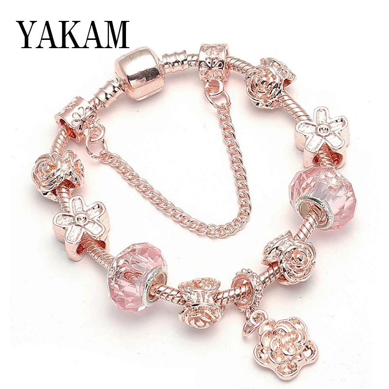 Подходит к оригинальному браслету с подвеской Rosa Beads Весна розовое золото цвет цветок безопасная цепь браслеты для женщин модные ювелирные изделия DIY Pulseras