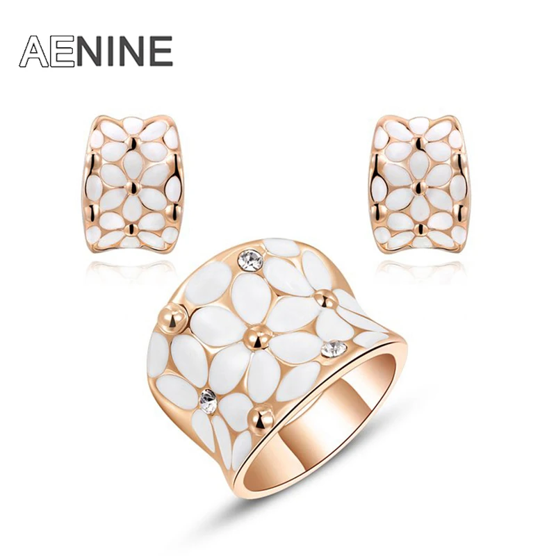 AENINE розовое золото цвет цветок ювелирные изделия для женщин Hochzeit Schmuck кольца+ серьги Эмаль Ювелирные наборы для невесты L2070127650b