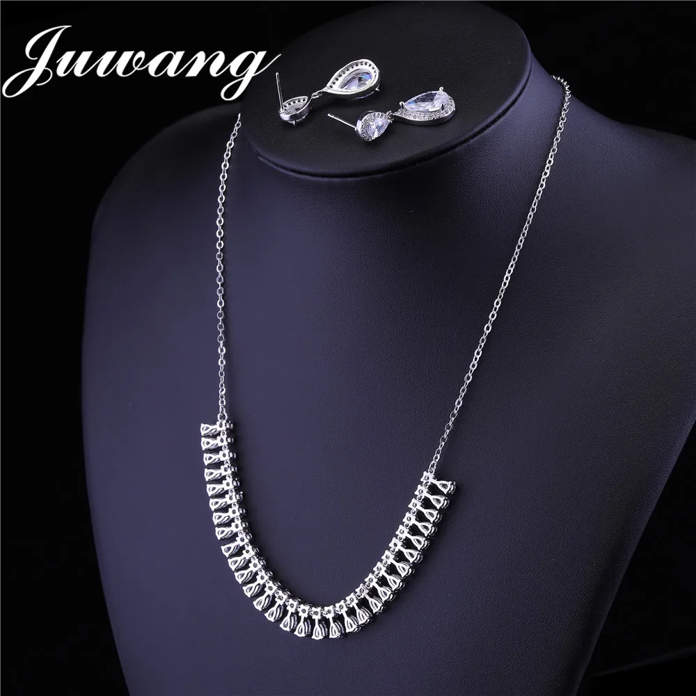 

JUWANG NEW White Color Jewelry Set For Women Luxury Cubic Zirconia Necklace Earring Party Wedding Jewelry Set Engagement Gift