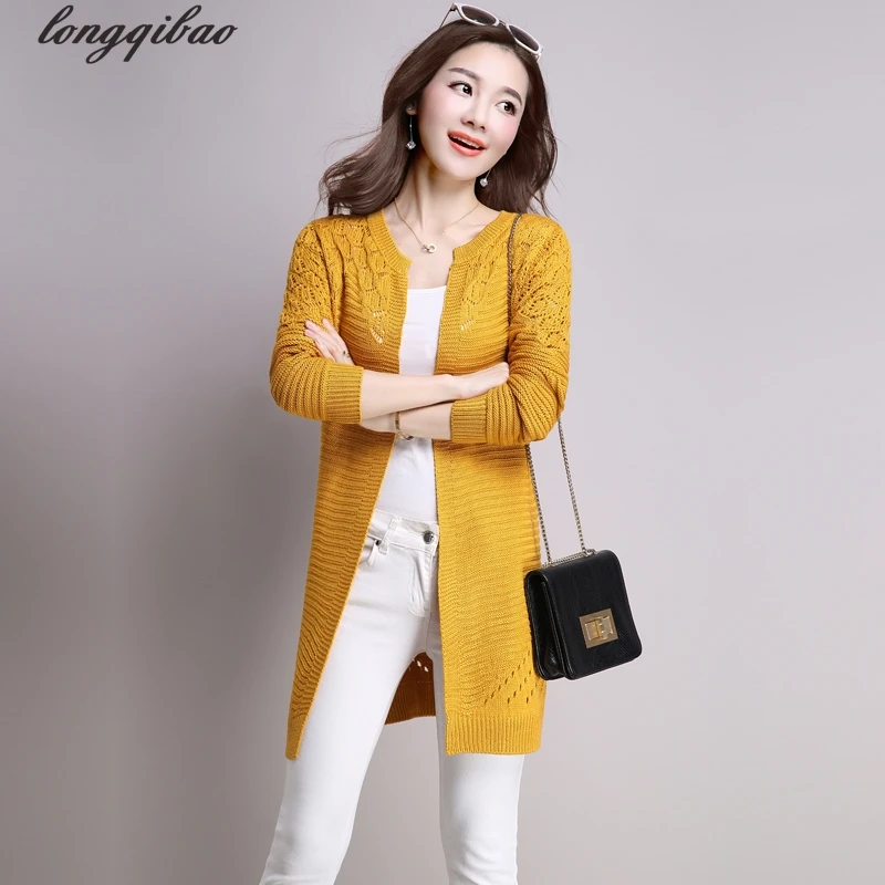 Длинный тонкий женский кардиган с длинными рукавами на весну и осень вязаный