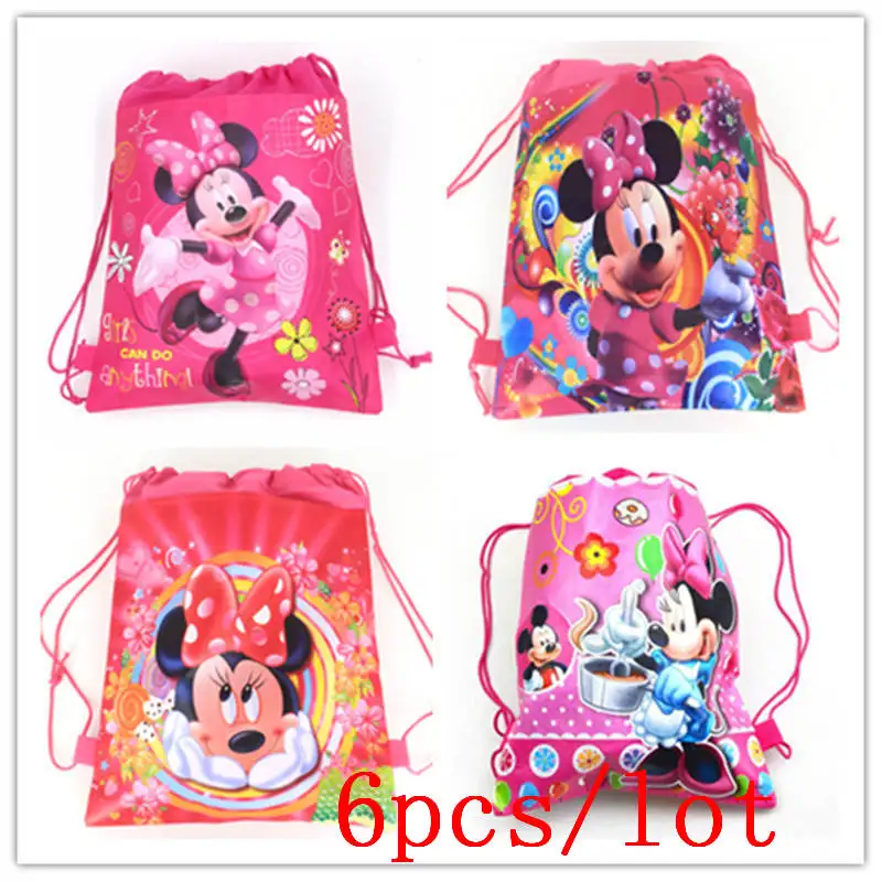6 шт./Лот Розовые Сумки на шнурке с Минни женский рюкзак героями мультфильмов для