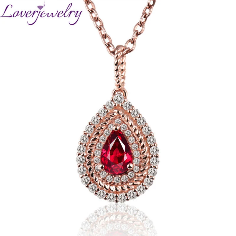 Женское Ожерелье с кулоном из розового золота 18 К 4x6 мм|diamond ruby pendant|ruby diamond pendantnatural