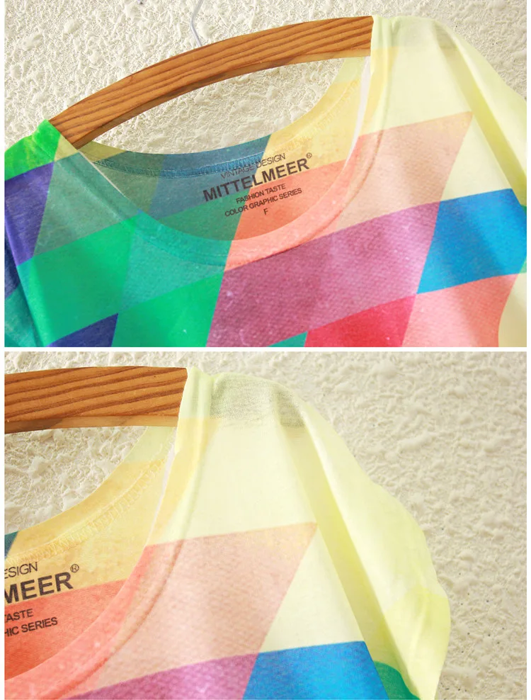 Фото Summer new women's Harajuku rainbow memory pattern printing short-sleeved T-shirt loose stitching shirt bat sleeve tide T Женская Summer new women's Harajuku rainbow memory pattern printing short-sleeved T-shirt loose stitching shirt bat sleeve tide T Женская