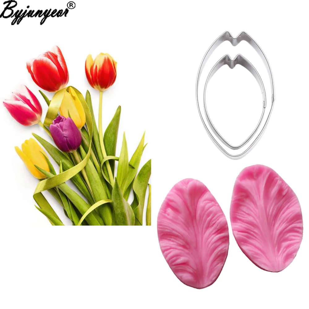 Tulips Cookie Cutter Flower Veiners Silicone Molds Fondant Sugarcraft Gumpaste Resin Clay Water Paper Cake Decorating Tool CS166