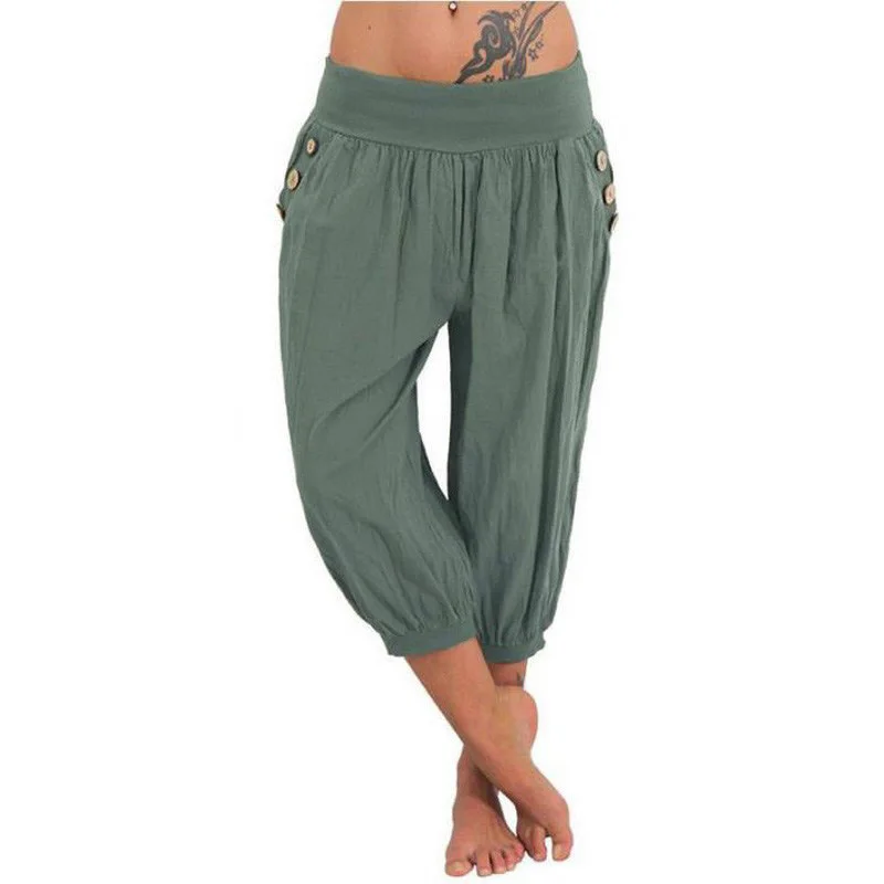 

VIIANLES Women Cotton Linen Harem Pants Summer Casual Calf-Length Elastic Waist Sporting Workout Trousers
