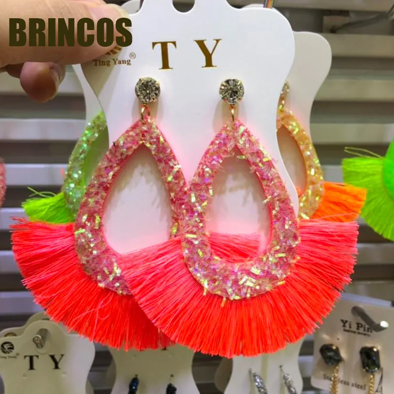 Earrings for women Neon green Tassel boho gold korean indian jewelry statement drop handmade oversize bohemia aliexpress