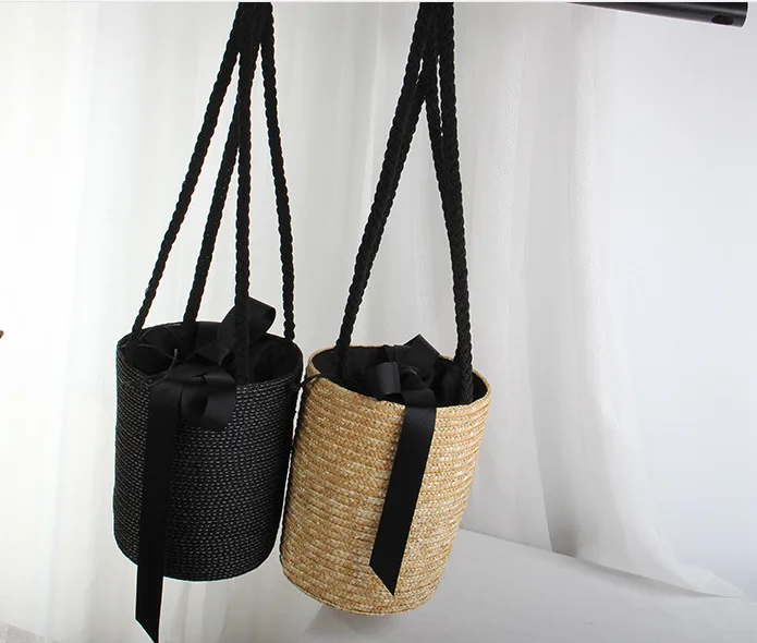

Women Straw Bags Handbag Korean Japanese Style Lady Woven Beach Bag Shoulder Bag Large Capacity Bucket Bag Ribbon Deco Tote