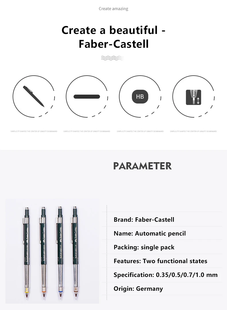 Faber-Castell механический карандаш с грифелем 0,35/0,5/0,7/1,0 мм и стеркой на конце, металлический корпус, высокое премиум качество для рисования, скетчей, черчения, школы и офиса
