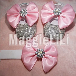 pink bowknot Custom Sparkle Bling crystals Rhinestones Baby girls shoes infant 0-1Y ribbon shoes First Walkers hairband 0032 - Цвет: 2