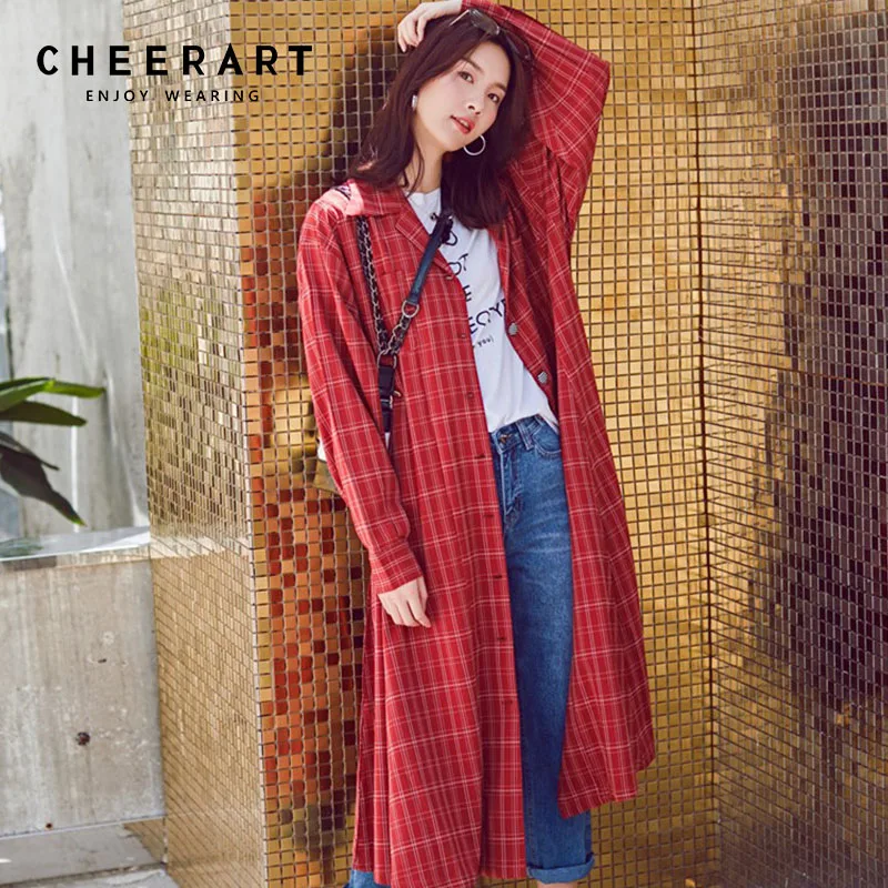 Cheerart винтажное длинное клетчатое платье-рубашка, женское осеннее платье, длинный рукав, на шнуровке, миди платье, красное Свободное длинное платье с отворотом, женское платье
