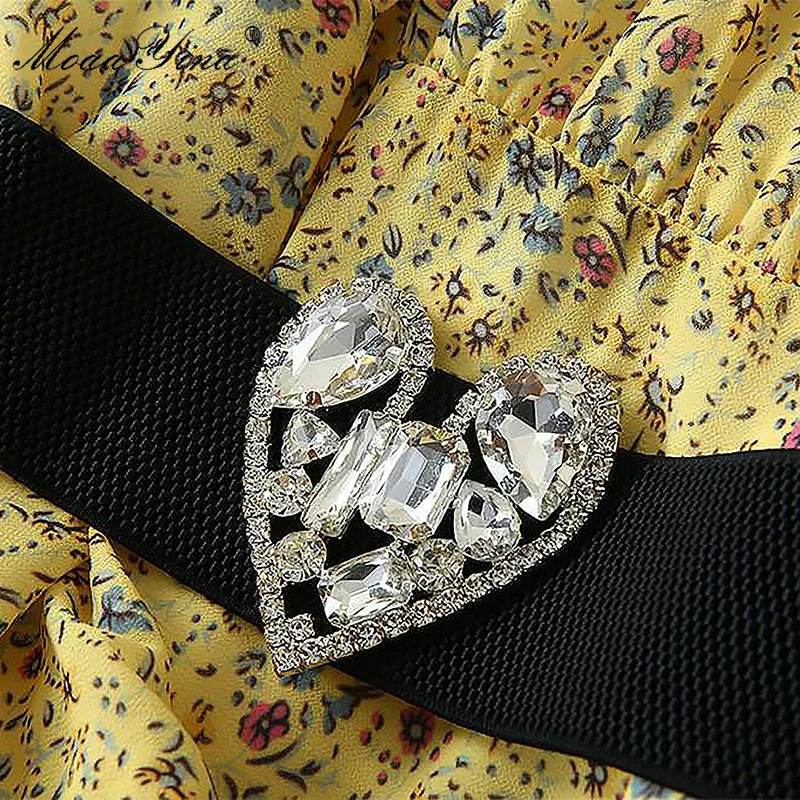 Женское платье с буфами MoaaYina длинное рукавом-фонариком и поясом цветочным