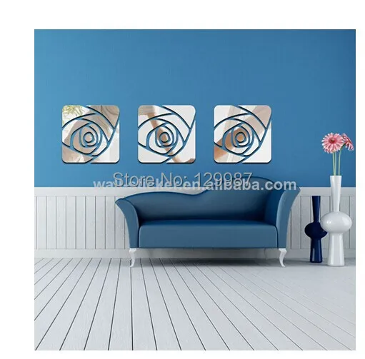 Квадратная настенная Зеркальная Наклейка с вырезами и цветами 3D декоративная