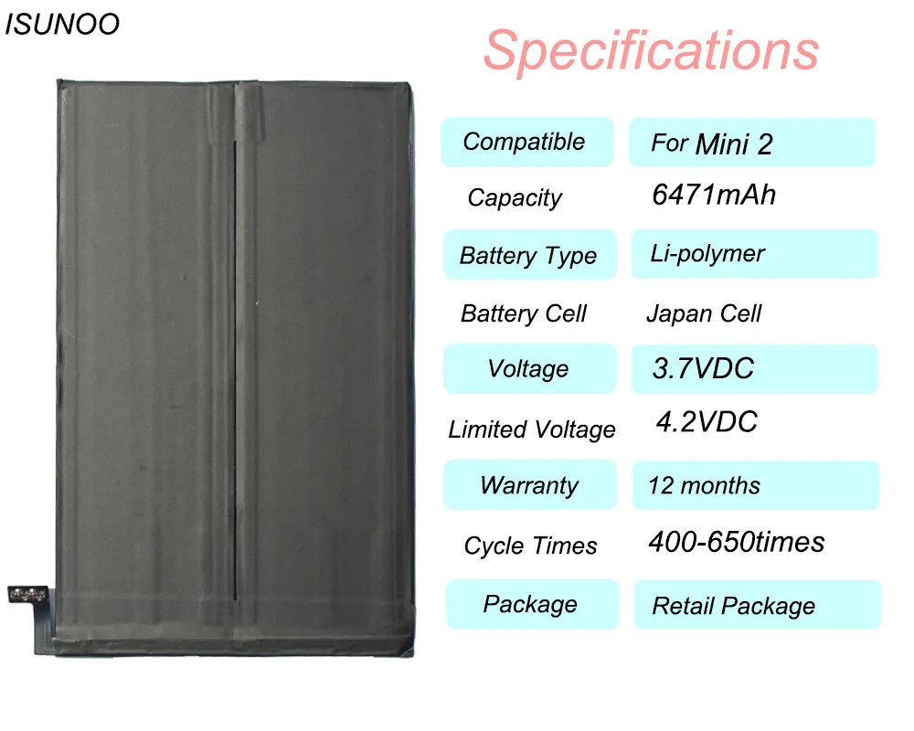 ISUNOO 5 шт./лот 6471 мАч батарея для ipad mini 2/mini 3 A1512 2nd 3rd Gen A1489 A1490 A1491 A1599