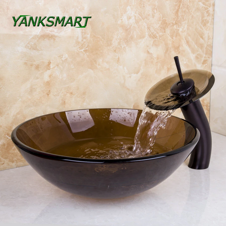 

YANKSMART Modern Brown Round Tempered Glass Washbasin Bowl Faucet Set With Chrome Pop-up Drain Deck Mounted Cold & Hot Mixer Tap