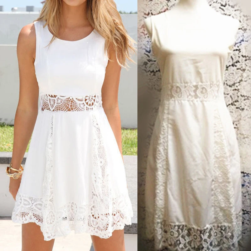 2020 New Fashion Women Summer Dress Casual Sleeveless Backless Floral Lace Hollow Out Party Cocktail Short Mini Empire Dresses | Женская