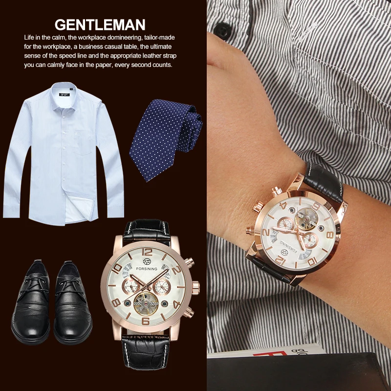 Автоматические деловые часы модные механические для мужчин с черным ремешком из