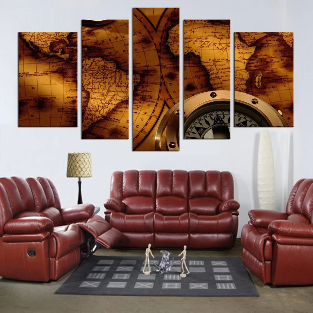 5 panel Golden Clock Map Still Life Wall Painting Home Living Room Decoration Print Picture Canvas | Дом и сад