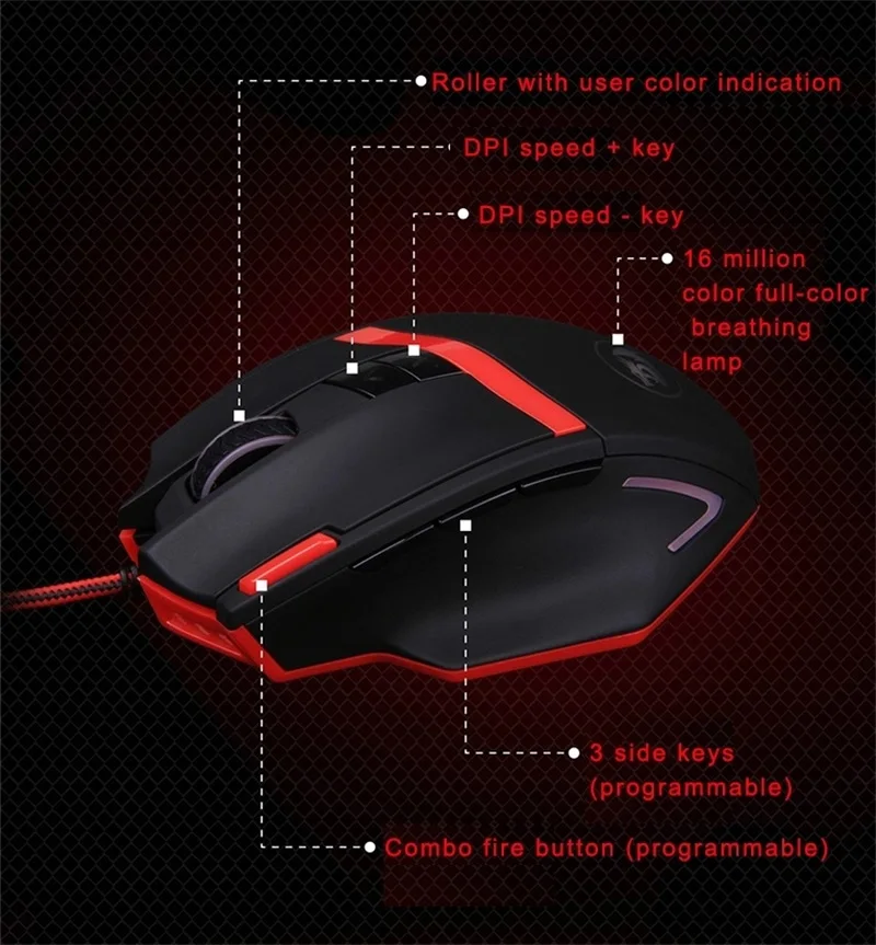 Игровая мышь FELYBY M801 Проводная программируемая 16400 точек/дюйм 9 Кнопок RGB