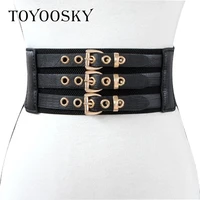 2018 punk rivet elastic pu women belts double ring buckle pin buckle wide belts for dress high quality belts for female toyoosky