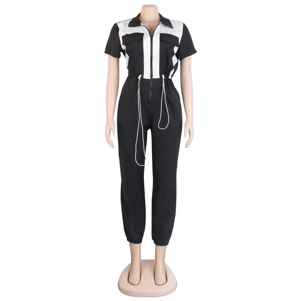 Vintage Patchwork Zipper Female Jumpsuit Casual Short Sleeve Turn-Down Collar Slim Rompers Lace Up Bandage Overalls For Women