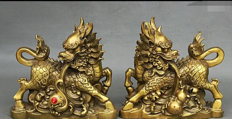 10 &quotКитайский Фэншуй Чистая Латунь Дракон Kylin Единорог Косы RuYi Тыква Статуя Пара