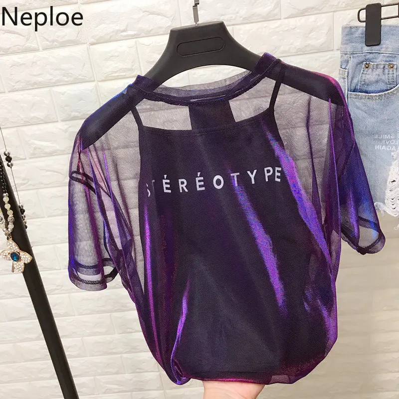 Neploe/женские сексуальные марлевые рубашки для девочек, футболка, Прозрачные топы с надписью, Blusas, Корейская женская одежда, комплект из 2 предметов, футболка 39763