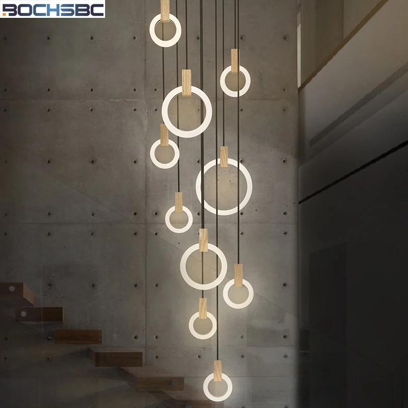 

BOCHSBC Creative Acrylic Ring Pendant Light Fixtures For Living Room Dining Room Indoor Stairs Lighting 5/7/10 Heads Wooden Lamp