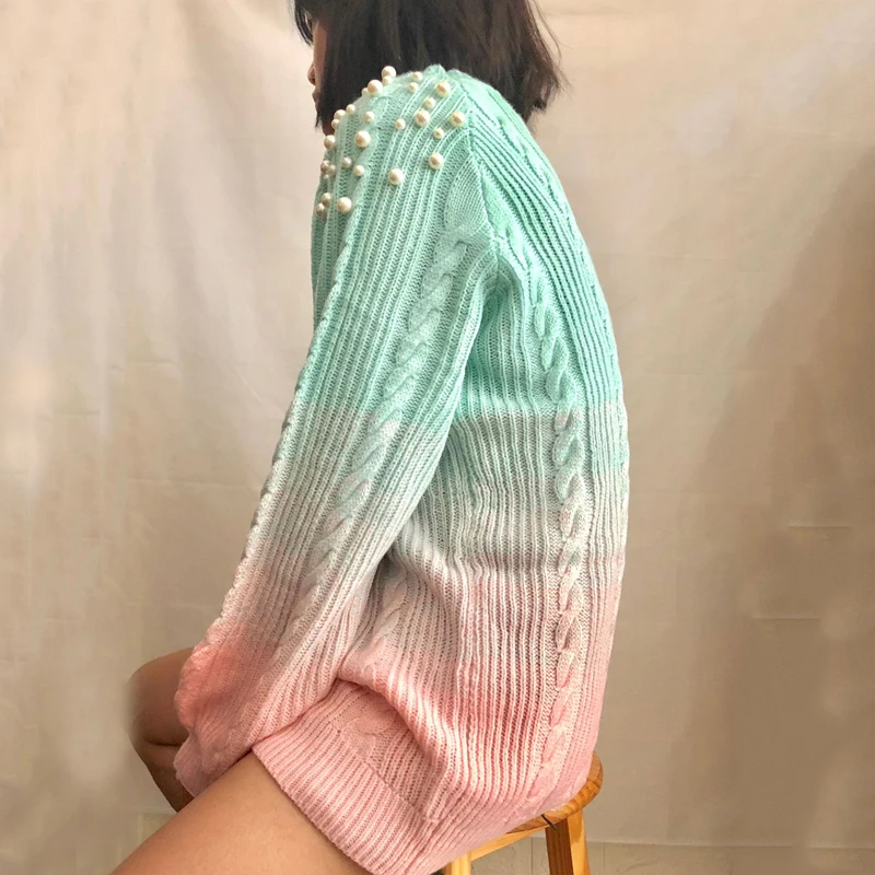 Ulzzang/милые вязаные свитера с градиентом и жемчугом модные пуловеры рукавами - Фото №1
