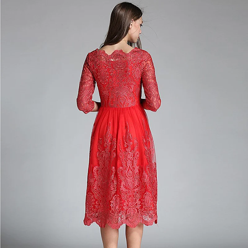 Женская Весна Dress Половина Рукава Черный Красный Mesh Вышивка Sweet Slim Fit Женщины