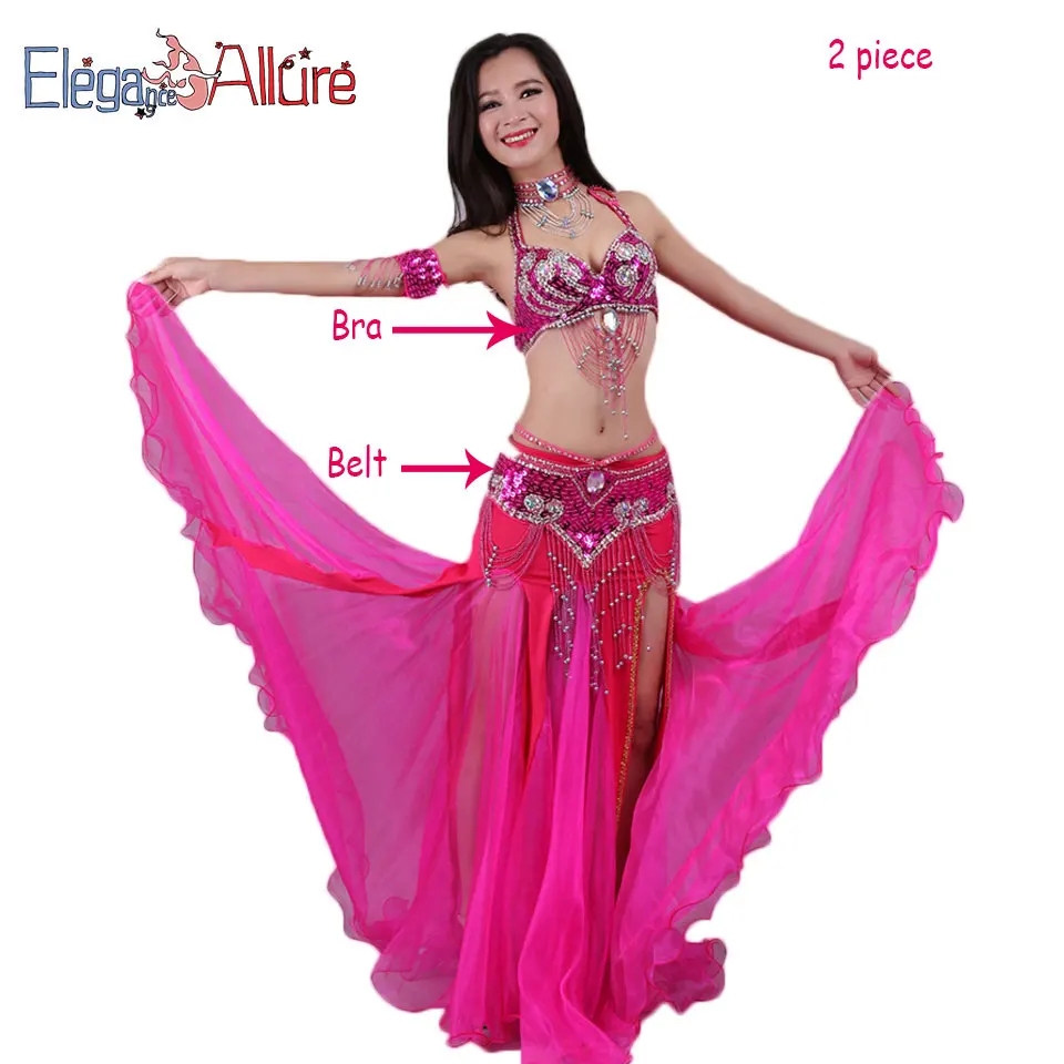 Hot pink 2pcs brbe E&A 5 шт. Набор для танца живота бюстгальтер юбка ожерелье браслет пояс наборы танец живота Болливуд костюм для женщин женское платье для сцены - Цвет: Hot pink 2pcs brbe