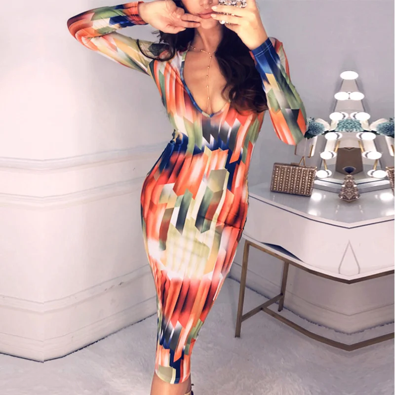 Стильное женское облегающее платье с абстрактным принтом сексуальное миди