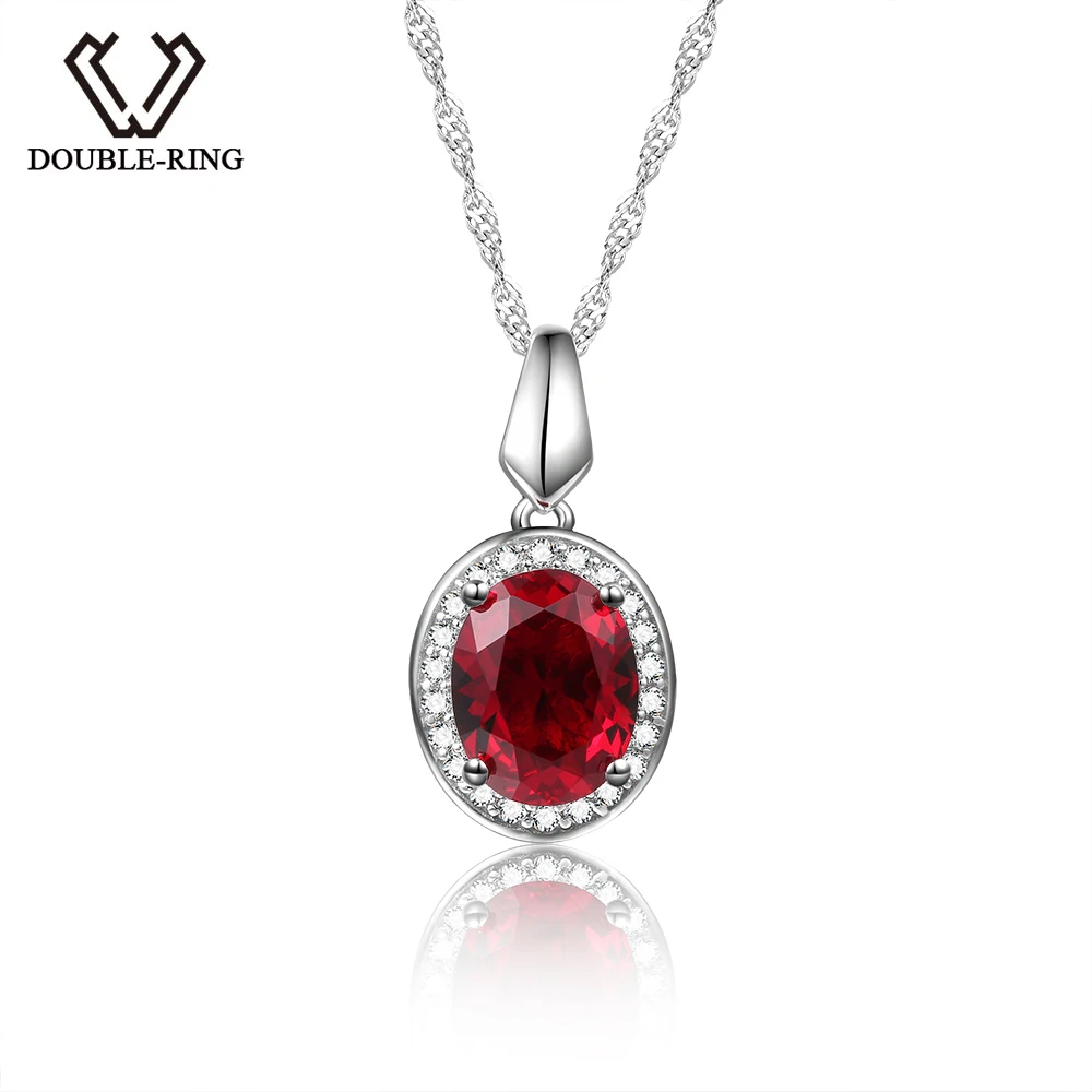 

DOUBLE-R Classic 925 Silver Pendant Necklace Created Oval Ruby 2.0ct Gemstone Zircon Pendant for Women Wedding Jewelry