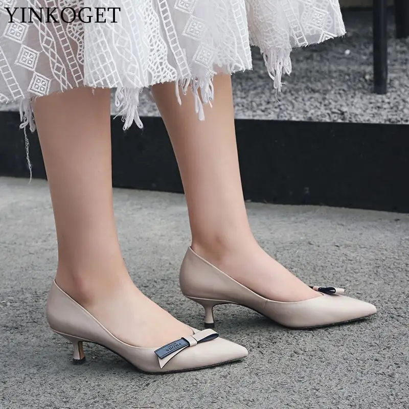 YINKOGET sweet bowtie full genuine leather high heels office ladies shoes spring wedding women heel | Обувь