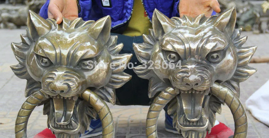 18 &quotКитайский медный волк голова зверя статуя дверной молоток пара C0320|door knocker