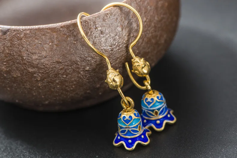 925 silver cloisonne craft jewelry bell earrings diy handmade | Drop Earrings