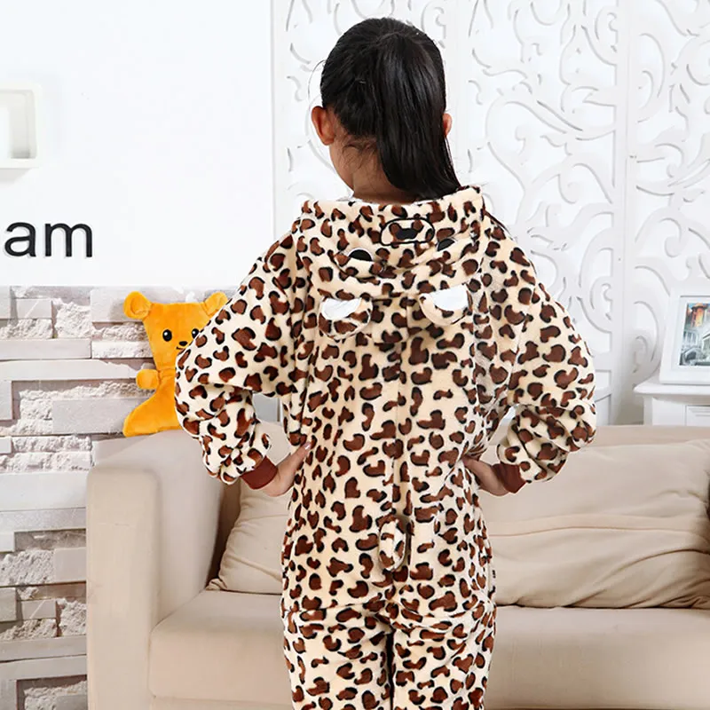 LeopardBear Фланелевая Детская Пижама; комплект зимней одежды с капюшоном с изображением единорога, Пикачу, стежка; детские пижамы для мальчиков и девочек; одежда для сна; комбинезоны - Цвет: LeopardBear